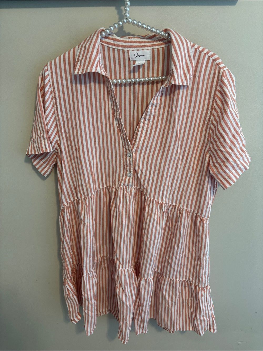 Japna Striped Shirt Dress Womens XL Coral White Cotton Rayon Tiered Babydoll